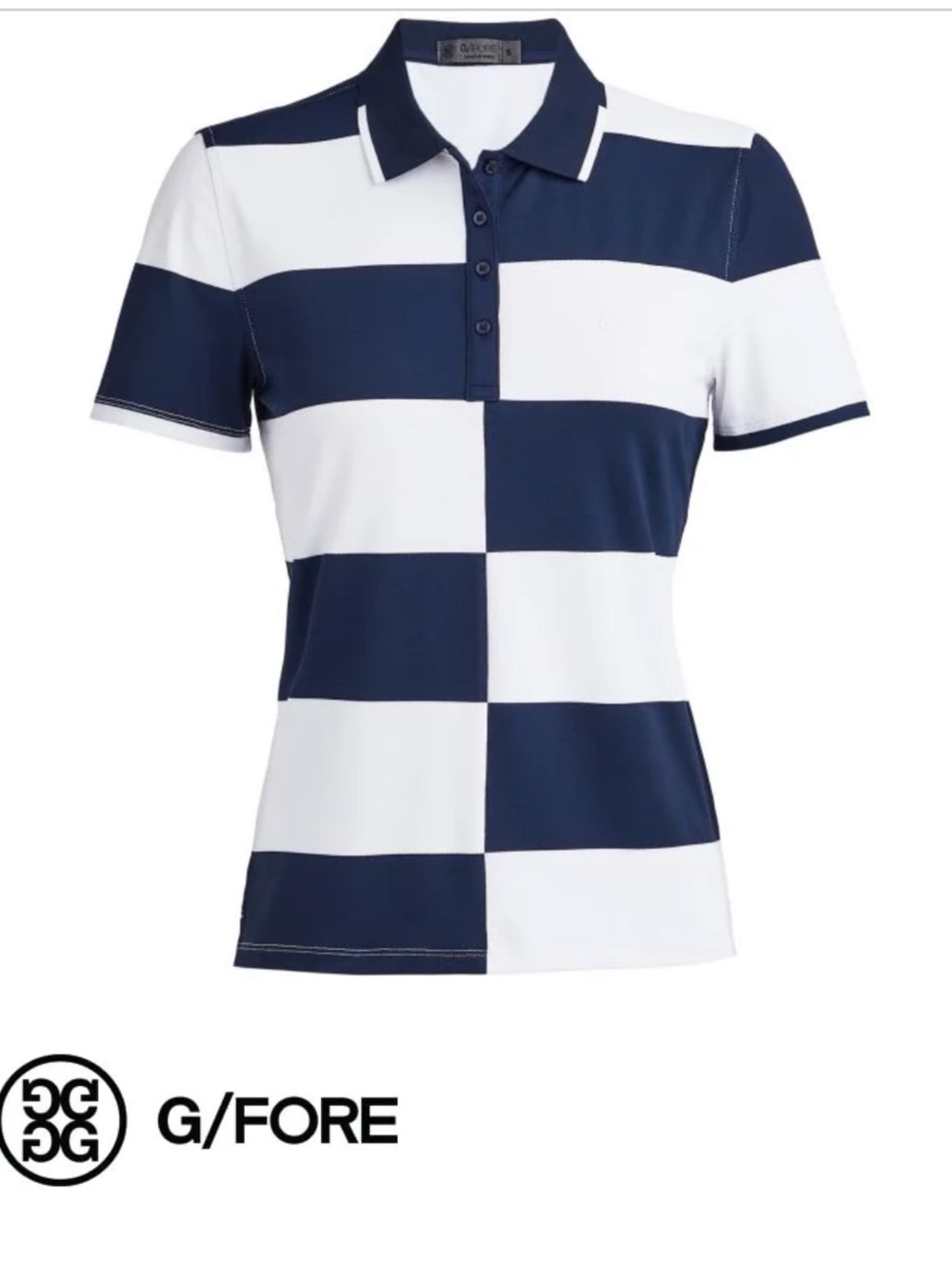 G/FORE Women’s Navy & White Offset Rugby Stripe Collar Tech Pique Golf Polo